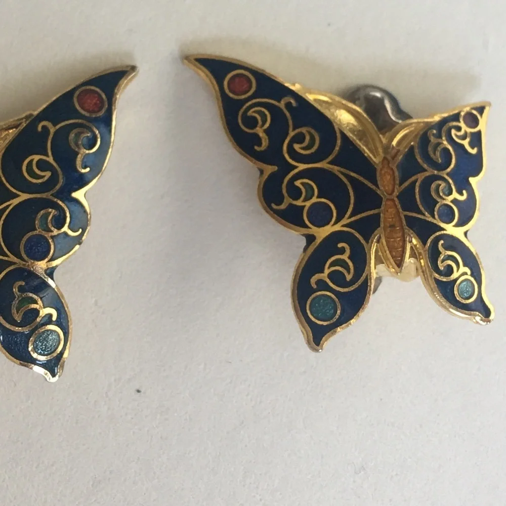 Vintage cloisonné butterfly clip earrings - Picture 1 of 2